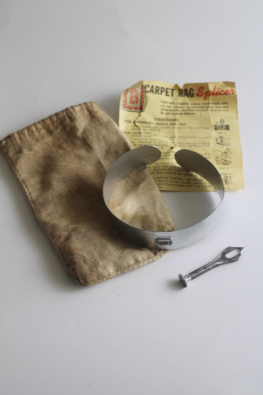 photo of vintage rug making tool, carpet rag splicer with instructions, punch needle on metal hoop  #1