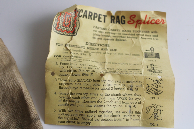 photo of vintage rug making tool, carpet rag splicer with instructions, punch needle on metal hoop  #3