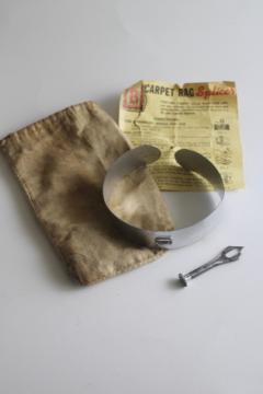 catalog photo of vintage rug making tool, carpet rag splicer with instructions, punch needle on metal hoop 