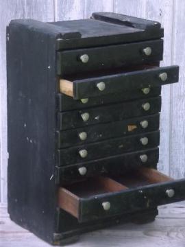 catalog photo of vintage rustic industrial drawers tool box, old antique wood packing crate