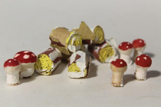 photo of vintage rustic woodland Christmas decorations, bottle brush trees, miniature toadstool mushrooms #5