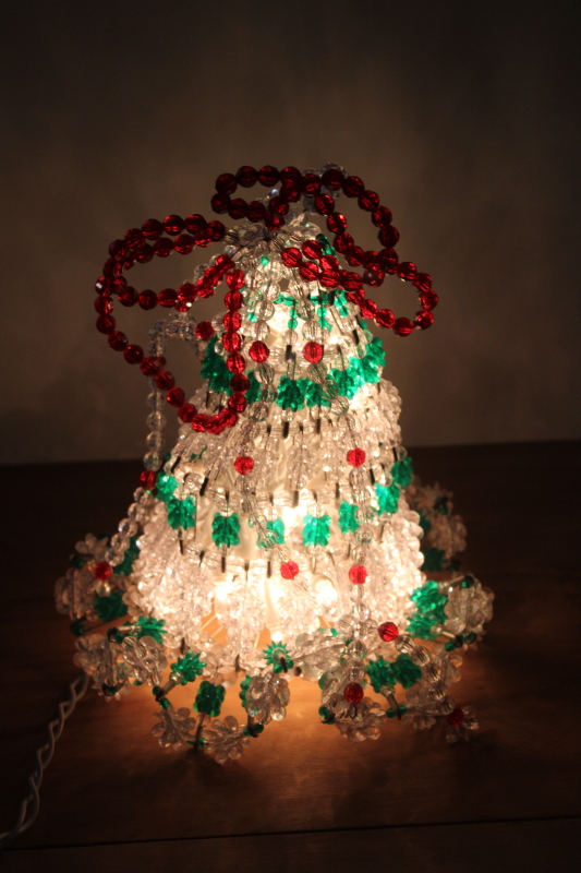 photo of vintage safety pin beaded Christmas bell, electric light bell shape lamp green & white plastic beads #1