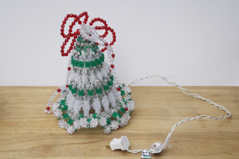 photo of vintage safety pin beaded Christmas bell, electric light bell shape lamp green & white plastic beads #2