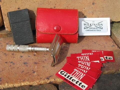 photo of vintage safety razor, travel set in red leather case marked Germany #1