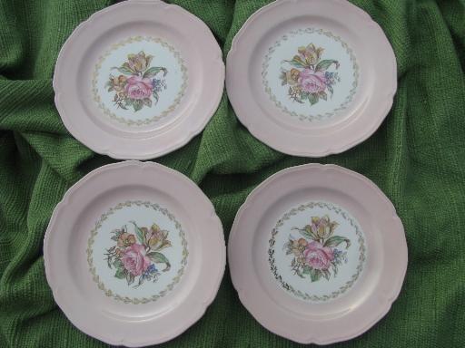 photo of vintage salad or dessert plates, old Knowles pink pastel flowered china #1