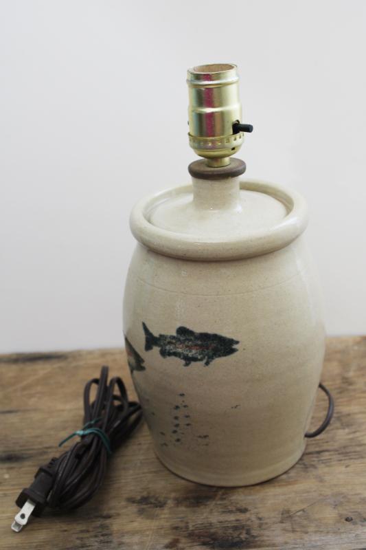 photo of vintage salt glazed stoneware pottery table lamp w/ painted fish, rustic lake camp decor #7