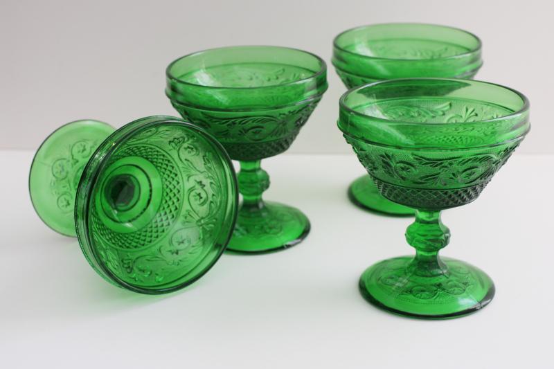 photo of vintage sandwich pattern glass champagne glasses, forest green goblets Portugal #1