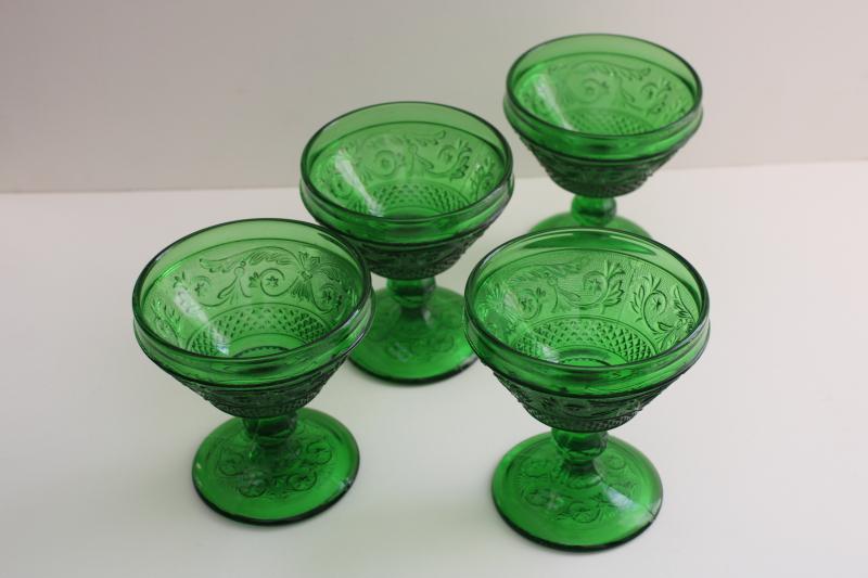 photo of vintage sandwich pattern glass champagne glasses, forest green goblets Portugal #3