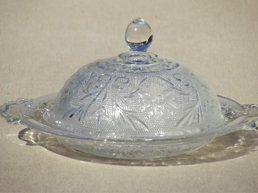 photo of vintage sandwich pattern glass, round dome covered butter dish in crystal #1