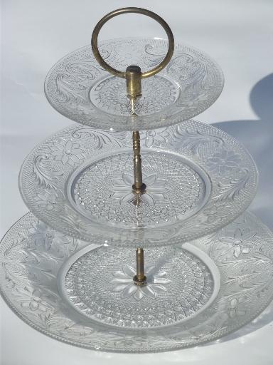 photo of vintage sandwich pattern pressed glass three tier plate, tiered tray server #1