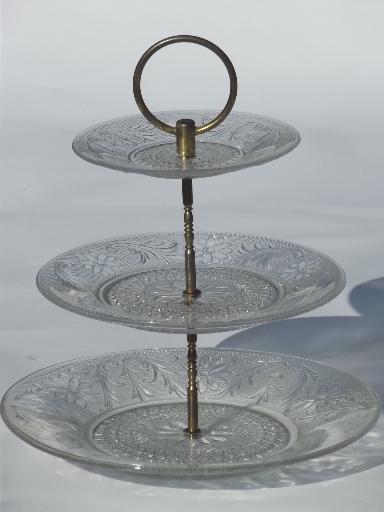 photo of vintage sandwich pattern pressed glass three tier plate, tiered tray server #2