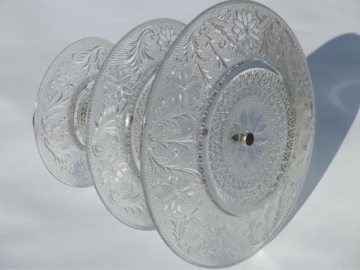 photo of vintage sandwich pattern pressed glass three tier plate, tiered tray server #4