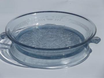 catalog photo of vintage sapphire blue Fire-King Philbe glass pie plate and trivet / stand