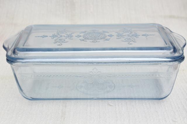 photo of vintage sapphire blue Fire-King Philbe pattern glass loaf baking pan / fridge dish with lid #2