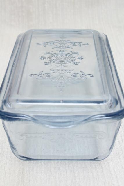 photo of vintage sapphire blue Fire-King Philbe pattern glass loaf baking pan / fridge dish with lid #4
