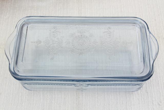 photo of vintage sapphire blue Fire-King Philbe pattern glass loaf baking pan / fridge dish with lid #5
