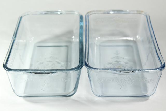 photo of vintage sapphire blue Philbe Fire King oven ware glass loaf or bread baking pan set #2