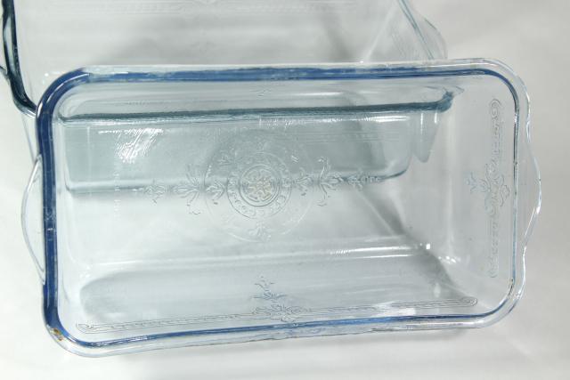 photo of vintage sapphire blue Philbe Fire King oven ware glass loaf or bread baking pan set #4