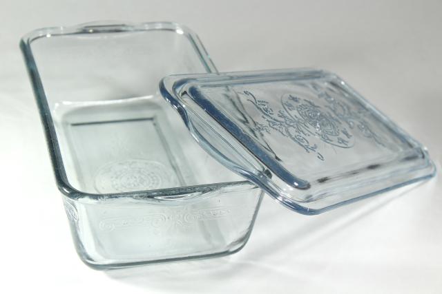 photo of vintage sapphire blue Philbe Fire King oven ware glass loaf pan w/ cover lid #2