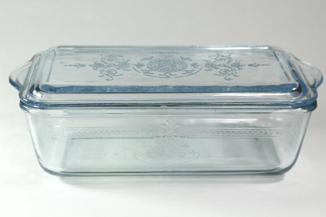 photo of vintage sapphire blue Philbe Fire King oven ware glass loaf pan w/ cover lid #4