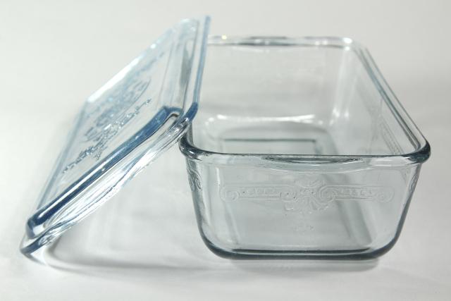 photo of vintage sapphire blue Philbe Fire King oven ware glass loaf pan w/ cover lid #5