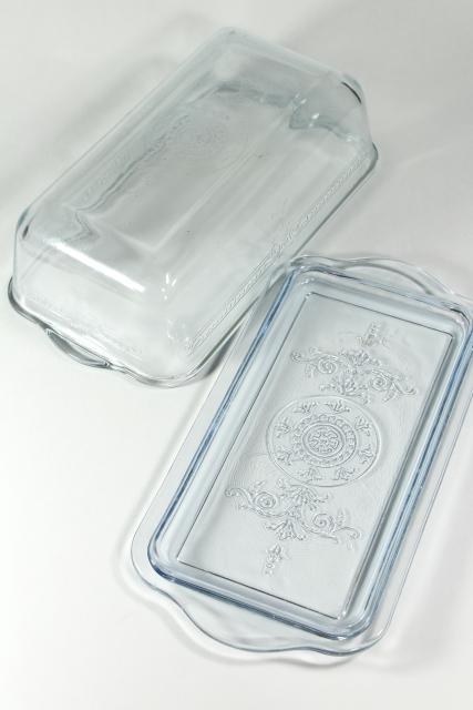 photo of vintage sapphire blue Philbe Fire King oven ware glass loaf pan w/ cover lid #6