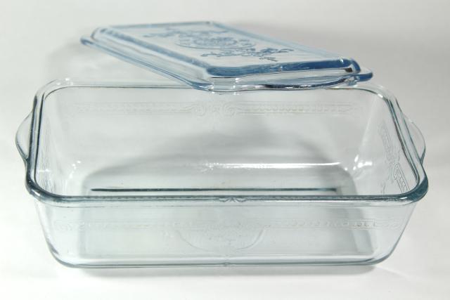 photo of vintage sapphire blue Philbe Fire King oven ware glass loaf pan w/ cover lid #8