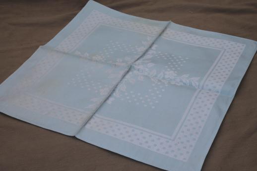 photo of vintage satin damask napkins w/ original labels, ice blue pastel cotton / rayon napkins #2