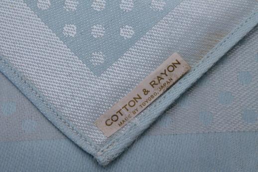 photo of vintage satin damask napkins w/ original labels, ice blue pastel cotton / rayon napkins #4