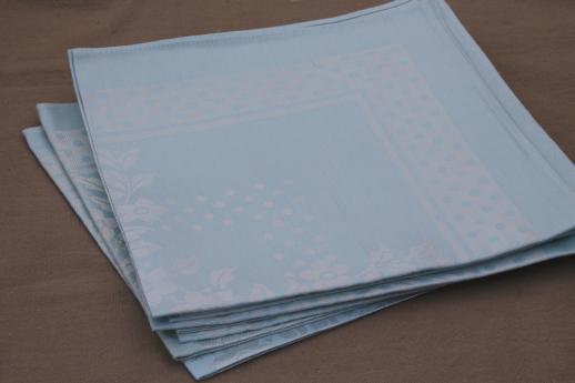 photo of vintage satin damask napkins w/ original labels, ice blue pastel cotton / rayon napkins #5