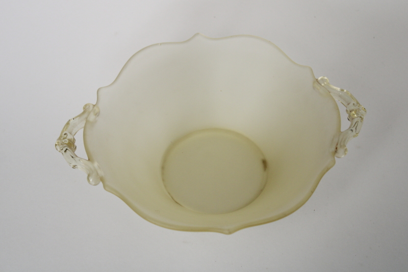 photo of vintage satin finish yellow depression glass, Lancaster glass mayonnaise bowl w/ flower handles #1