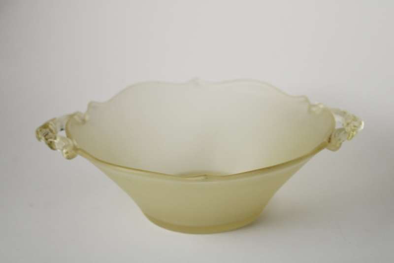 photo of vintage satin finish yellow depression glass, Lancaster glass mayonnaise bowl w/ flower handles #2