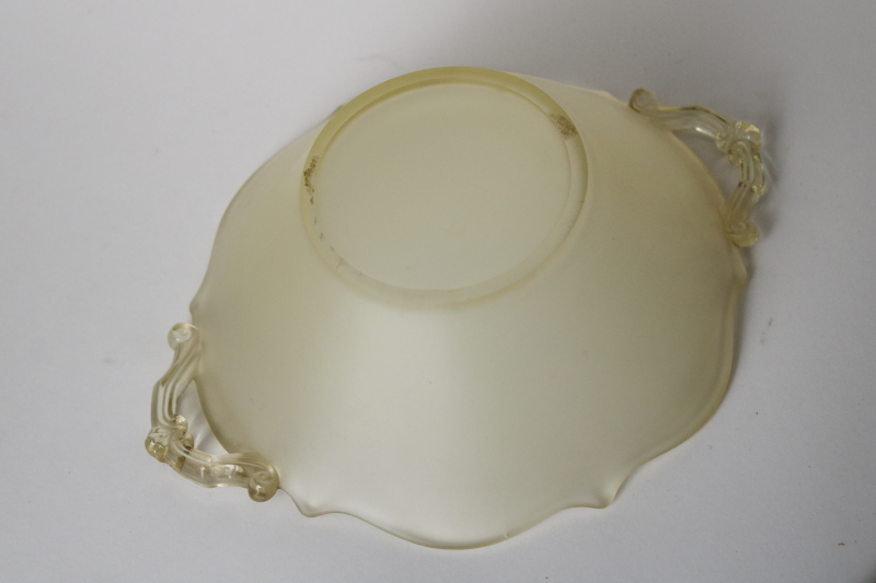 photo of vintage satin finish yellow depression glass, Lancaster glass mayonnaise bowl w/ flower handles #5