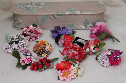 photo of vintage satin ribbon & velvet flowers, millinery trims for hats, corsage pins #1