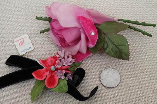 photo of vintage satin ribbon & velvet flowers, millinery trims for hats, corsage pins #3