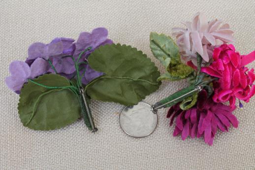 photo of vintage satin ribbon & velvet flowers, millinery trims for hats, corsage pins #12