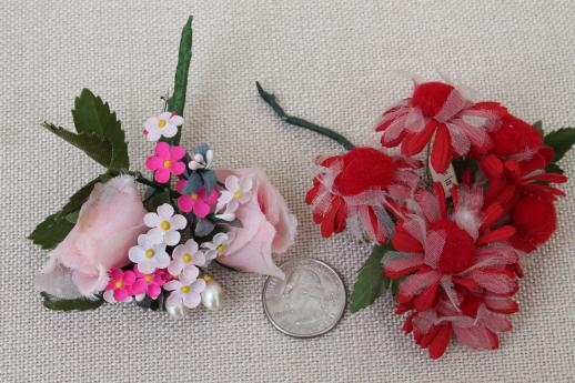 photo of vintage satin ribbon & velvet flowers, millinery trims for hats, corsage pins #13