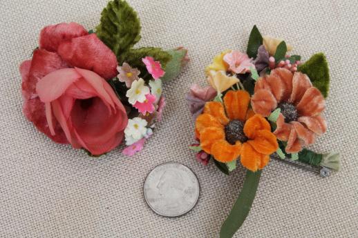 photo of vintage satin ribbon & velvet flowers, millinery trims for hats, corsage pins #16