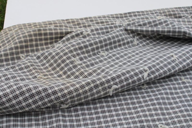 photo of vintage sawtooth border bed cover topper tied quilt black & white print & homespun style plaid  #5