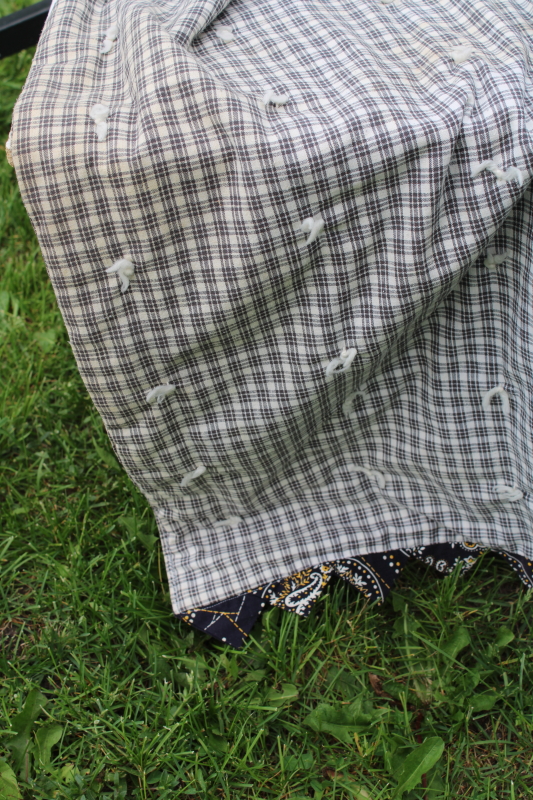 photo of vintage sawtooth border bed cover topper tied quilt black & white print & homespun style plaid  #6
