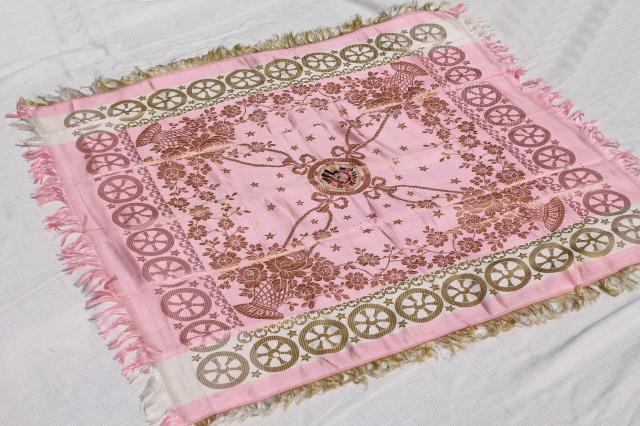 photo of vintage scarf souvenir of France, large silk square antique pink French jacquard fabric #1