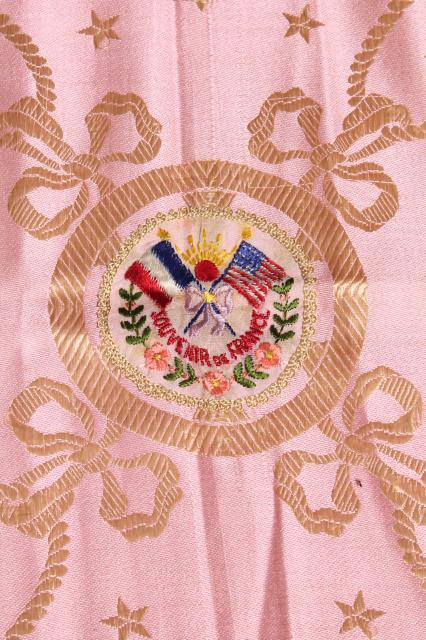 photo of vintage scarf souvenir of France, large silk square antique pink French jacquard fabric #2