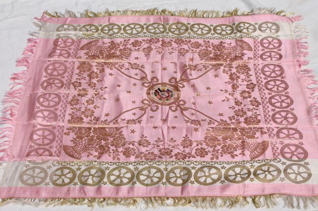 photo of vintage scarf souvenir of France, large silk square antique pink French jacquard fabric #3