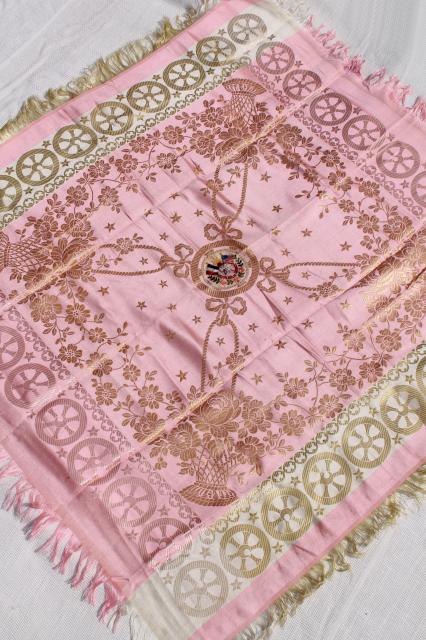 photo of vintage scarf souvenir of France, large silk square antique pink French jacquard fabric #4