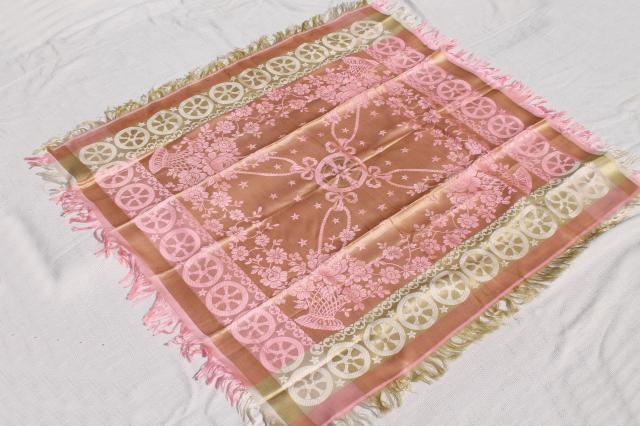 photo of vintage scarf souvenir of France, large silk square antique pink French jacquard fabric #6