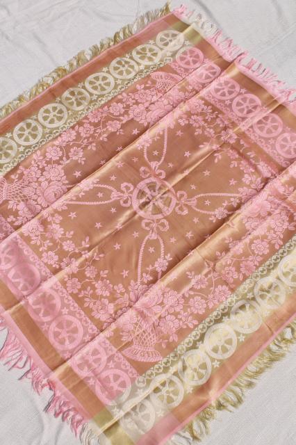 photo of vintage scarf souvenir of France, large silk square antique pink French jacquard fabric #7