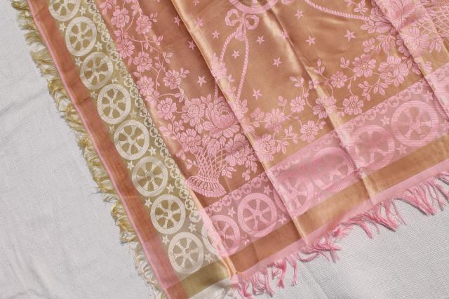 photo of vintage scarf souvenir of France, large silk square antique pink French jacquard fabric #8