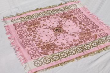 catalog photo of vintage scarf souvenir of France, large silk square antique pink French jacquard fabric