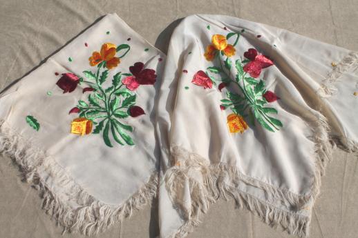 photo of vintage scarves w/ silk satin stitch embroidery, embroidered flowers fabric for cutting #6