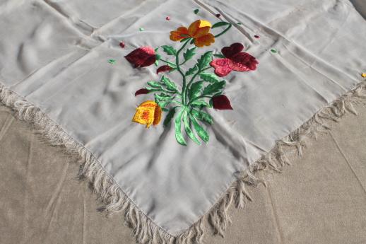 photo of vintage scarves w/ silk satin stitch embroidery, embroidered flowers fabric for cutting #14